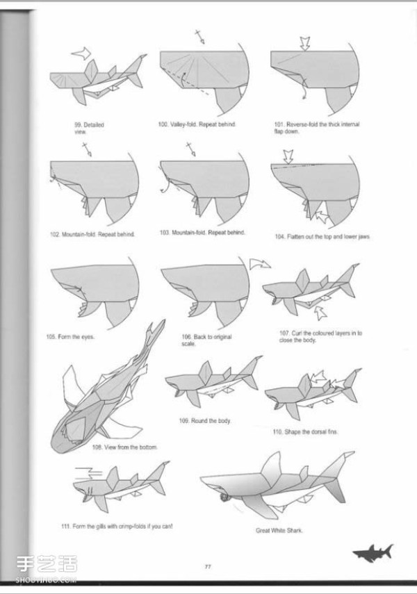 Super complex origami shark illustration, detailed steps for folding a three-dimensional shark