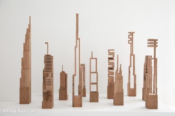 Amazing three-dimensional wood carving city skyline