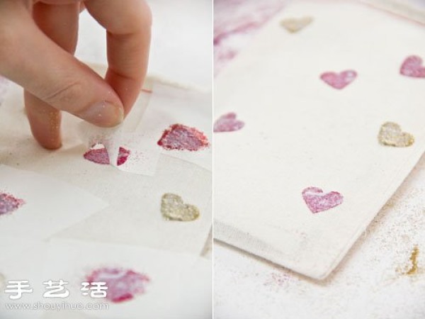 Renovation of old items: Creative DIY shiny heart-shaped patterns for storage bags