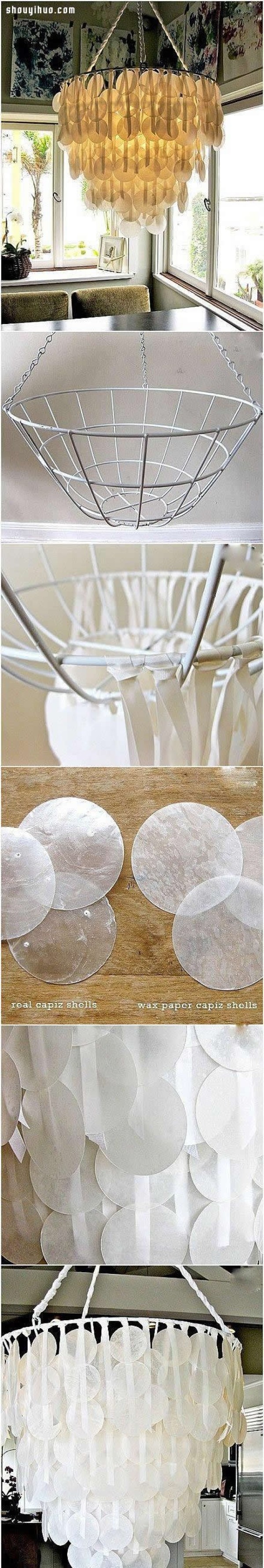 Illustrated tutorial on DIY handmade chandelier lampshade with wax paper + ribbon