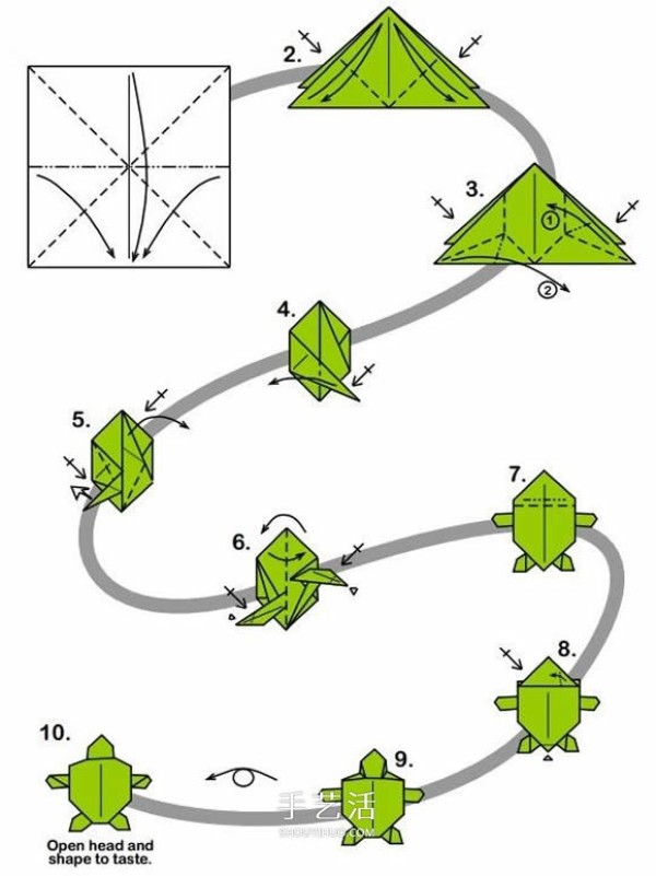 The origami method of a flat turtle is a simple method of folding a small turtle with an illustration