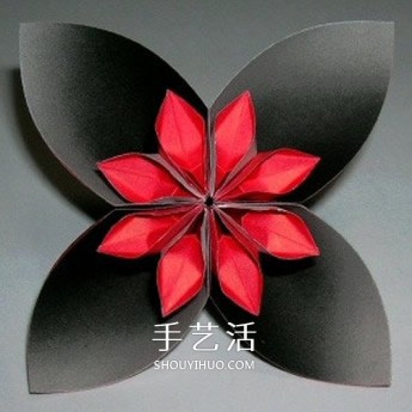 Illustration of the origami method of six four-petal flowers combined into beautiful flower balls