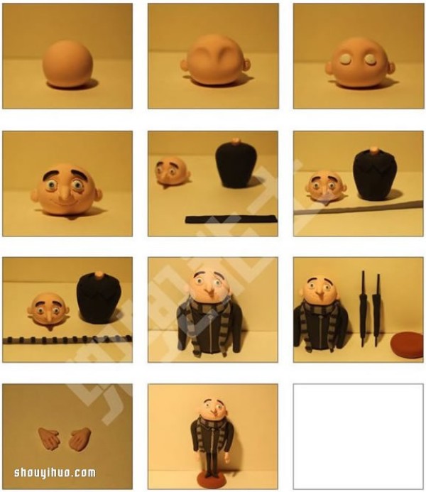 Illustrated tutorial on the DIY method of making a Gru doll from soft clay