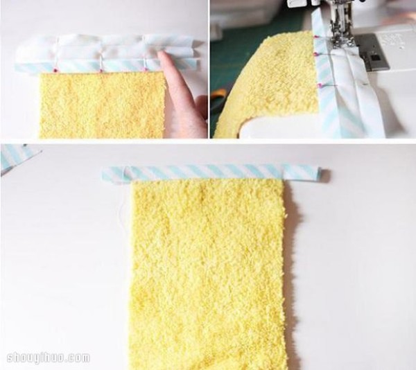 Old towels are repurposed and handmade to make toiletry storage bags