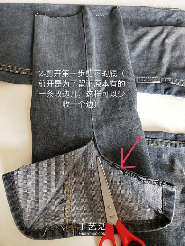 Illustration of a DIY method to make a wall-mounted storage bag from waste jeans