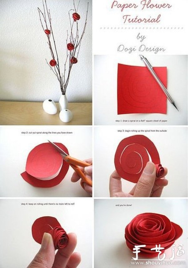 Paper-cutting tutorial for making beautiful roses from red cardboard