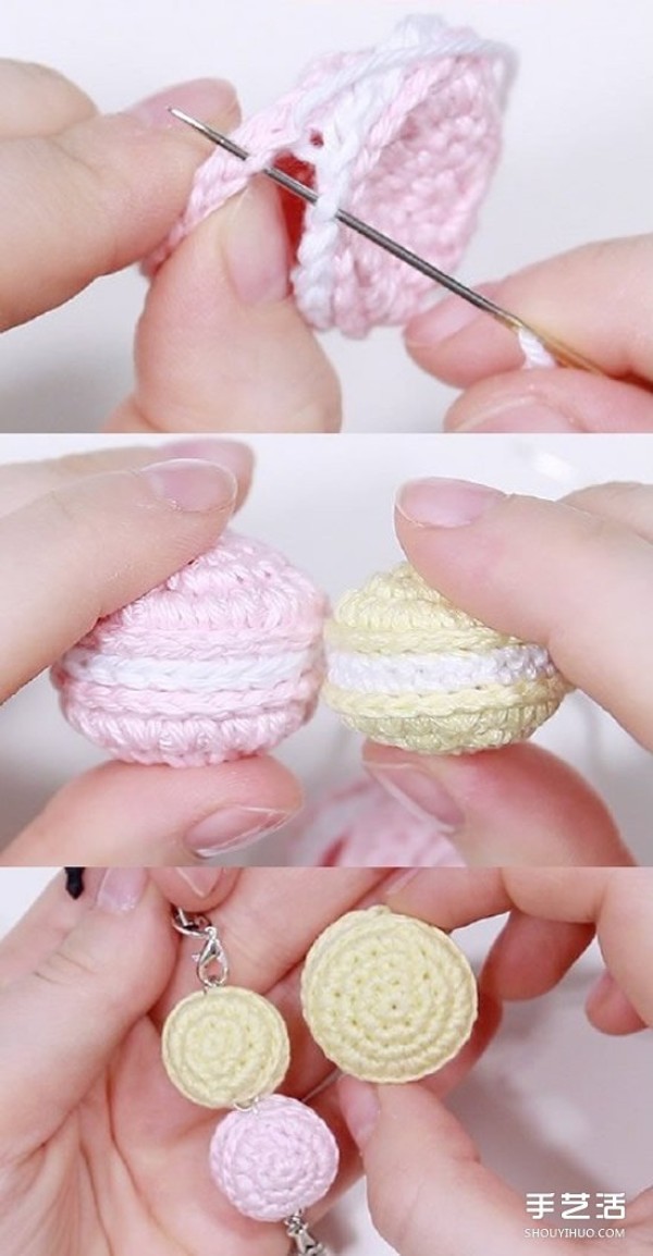 Illustrated crochet macaron tutorial with the weave method of the dragon