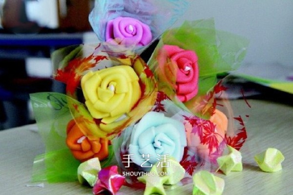 Handmade roses made of colored plastic cotton, homemade rose bouquet made of colored plastic cotton