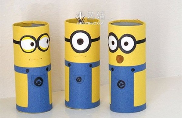 Step-by-step picture of how to make a homemade paper roll minion in kindergarten