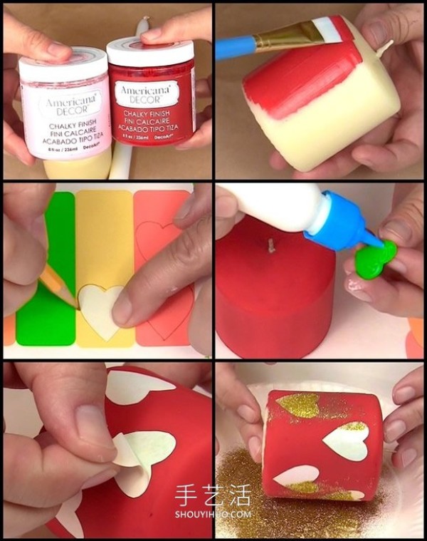 Illustrated tutorial on how to decorate homemade Valentines Day candles