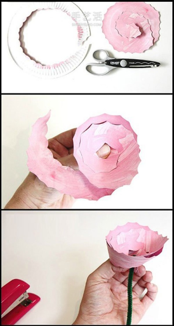 Illustrations of using paper plates to make three-dimensional roses creatively using small-scale production