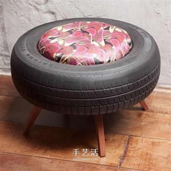 Pictures of used tires transformed into sofas and chairs.