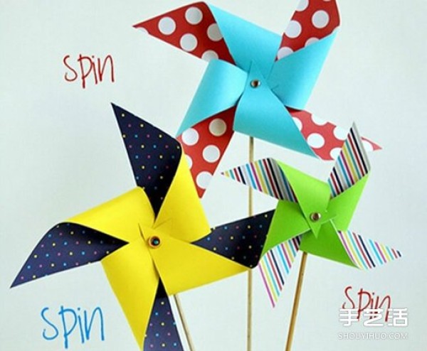 Handmade origami windmill illustrated tutorial, simple process of making a windmill for children