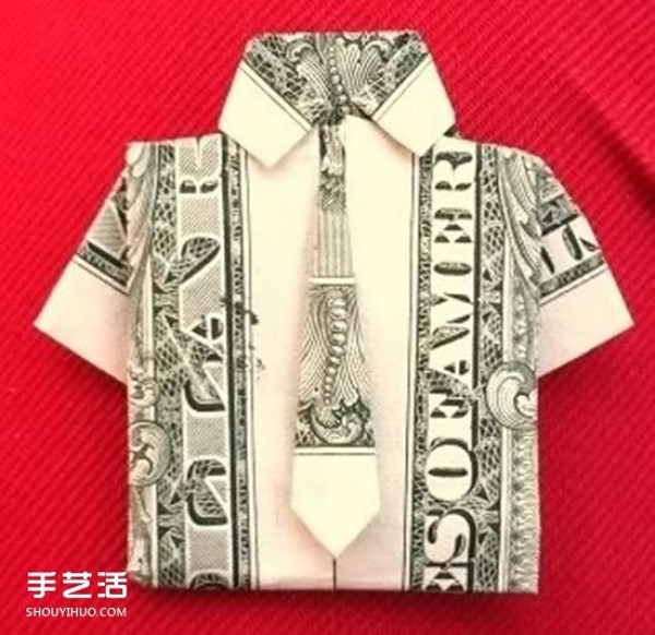 Illustrated tutorial for U.S. dollar origami short-sleeved T-shirt comes with a cute little tie