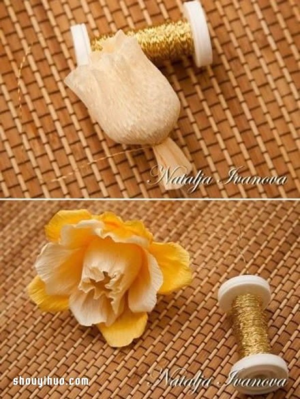 Illustration of how to make crepe paper flowers. Handmade wrinkles.Paper flower folding tutorial