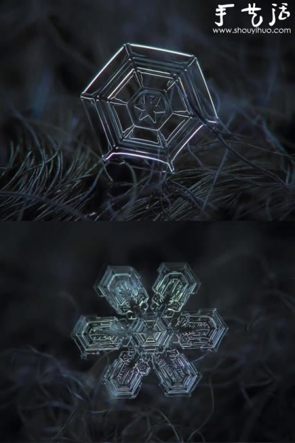 Crystal snowflakes captured with the lens reversed to macro