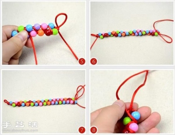 Illustrated tutorial on how to knit a colorful double-row beaded red rope bracelet