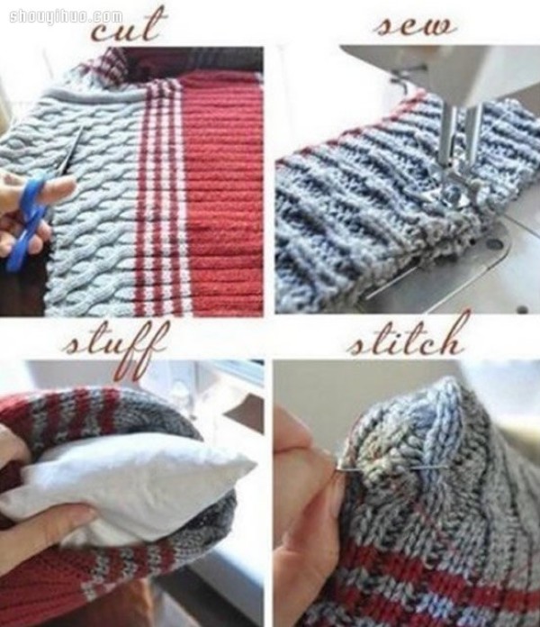 Renovate an old sweater and use DIY to make a beautiful handcuff and pillow