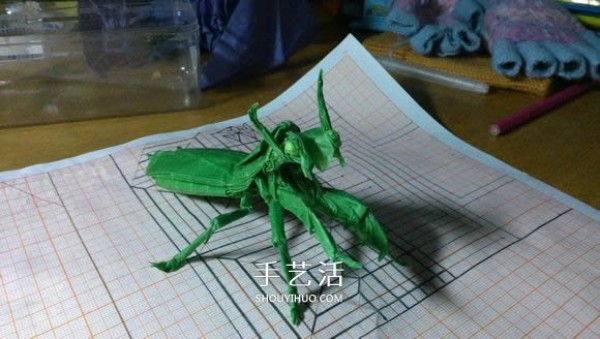 Illustration of the folding method of a three-dimensional mantis, detailed steps of origami mantis