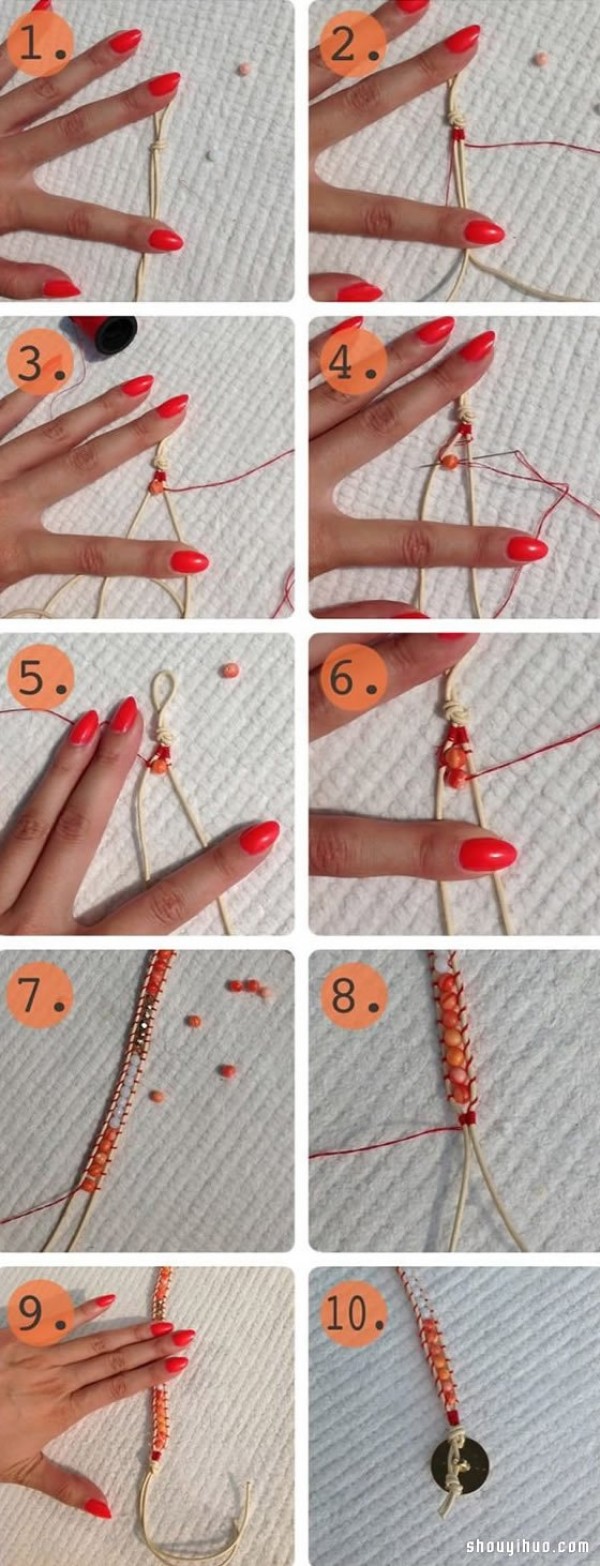 DIY illustrated tutorial on how to braid and string beads on a beautiful bracelet and bracelet