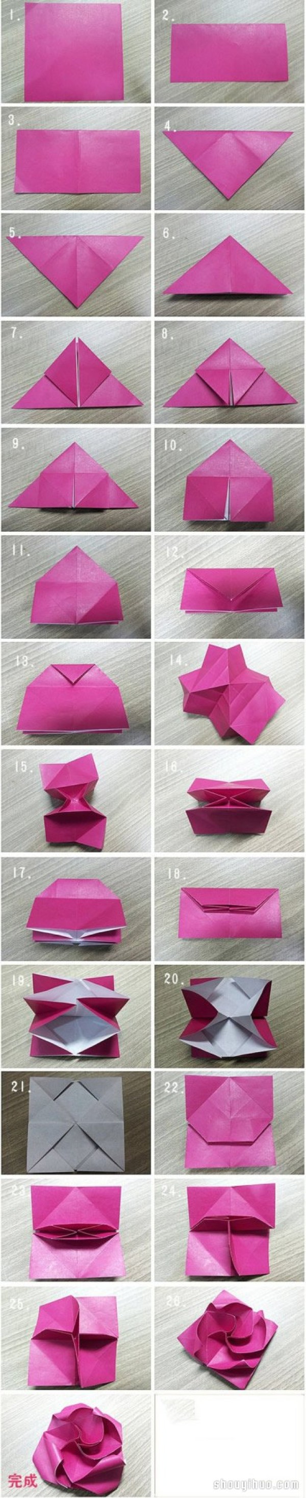 Illustrated tutorial on how to fold a fiery red rose, paper rose origami