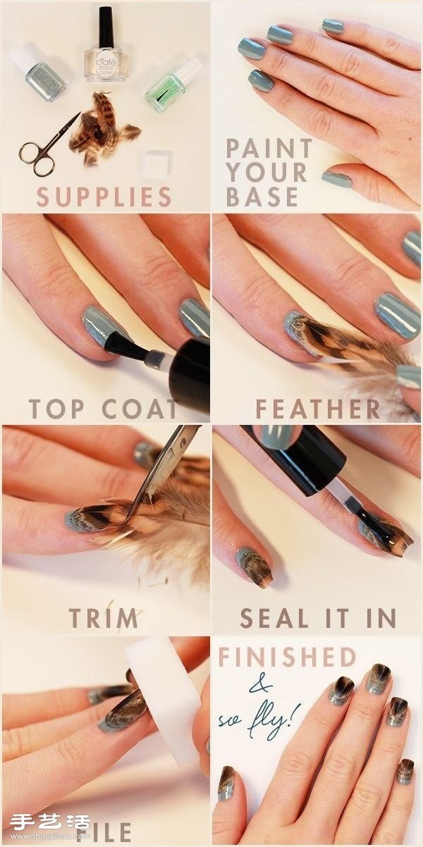 DIY feather-decorated manicure that can be easily done at home