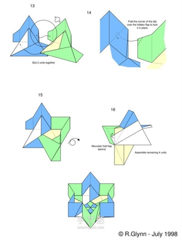 Illustration of the folding method of a six-pointed star paper box and the steps of origami hexagonal paper box with lid