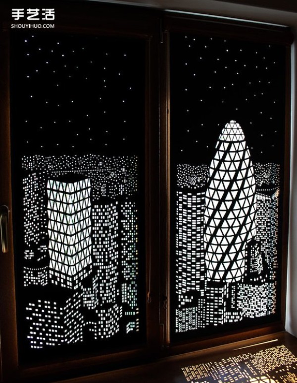 Ukrainian handmade city silhouette curtains engraved with limited day and night scenes