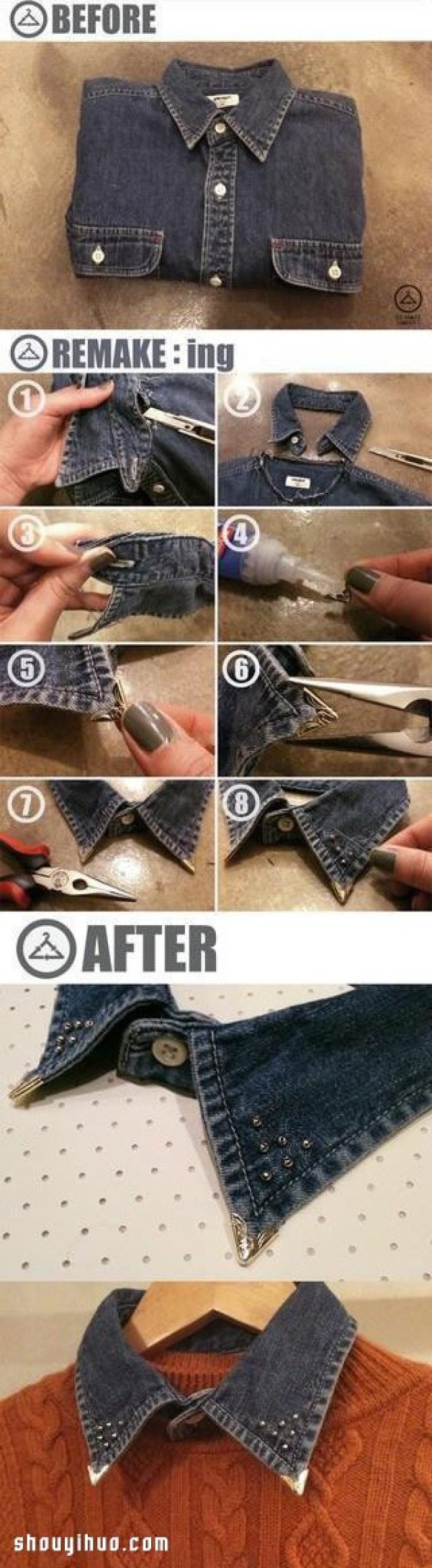 denim shirt transformed into DIY handmade handsome decorative collar