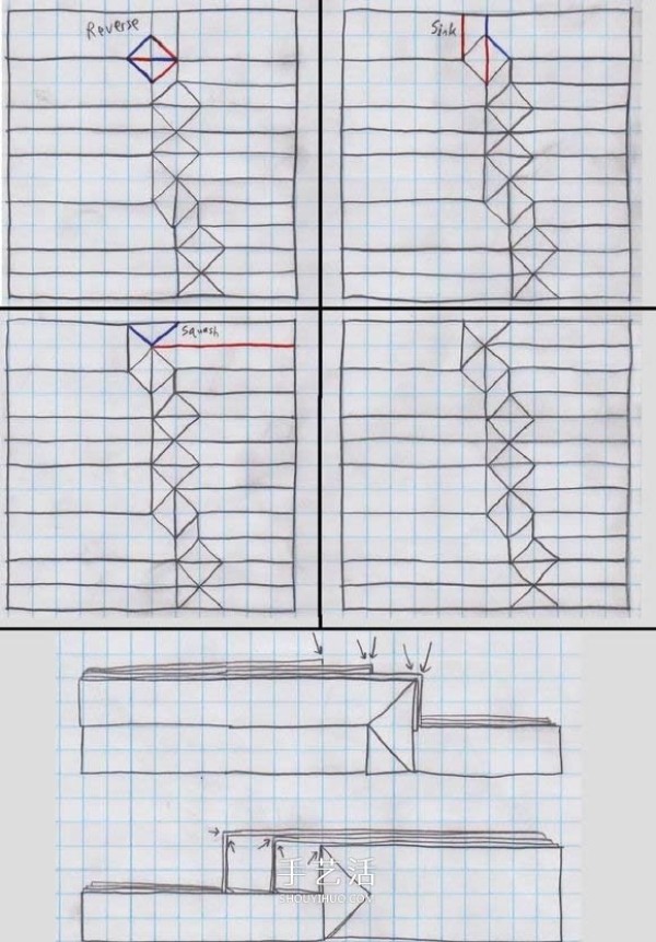 The origami method of shark mouth, step by step diagram of how to fold the sharks mouth