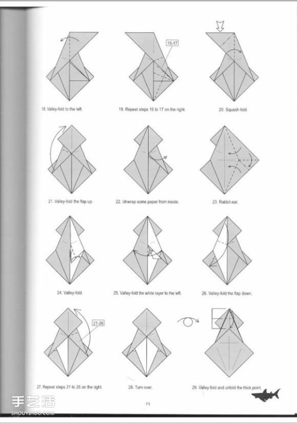 Super complex origami shark illustration, detailed steps for folding a three-dimensional shark