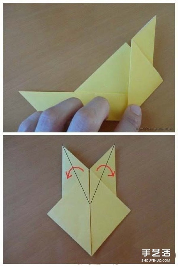 Simple Pikachu origami tutorial and illustrations of folding Pikachu