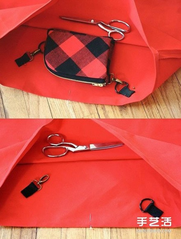 Illustration of how to make a handbag with a zipper and a small coin purse included