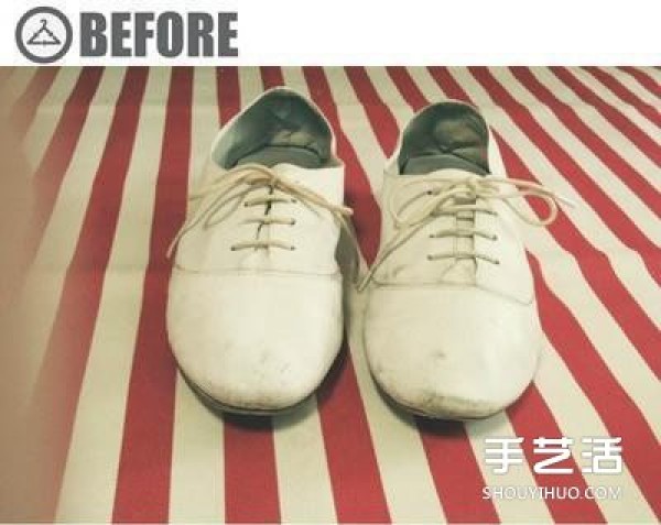 DIY illustrated tutorial on hand-painted transformation of white old shoes