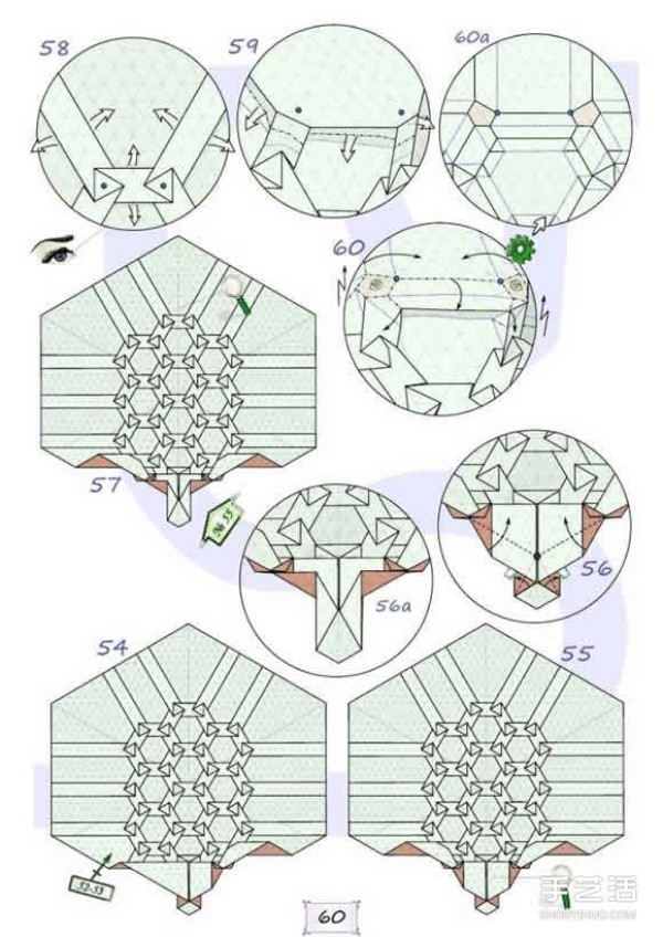 Super difficult origami turtle tutorial with illustrations of folding a realistic three-dimensional turtle