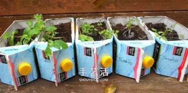 Illustration of how to use milk carton waste to make simple flower pots by hand