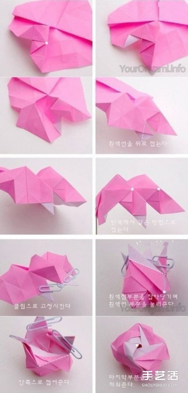 Illustrations of how to fold beautiful paper roses, step-by-step pictures of origami roses