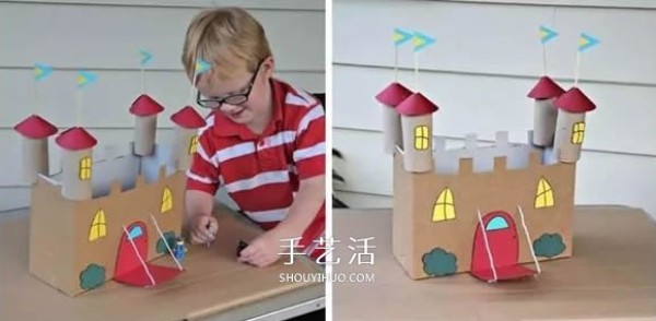 How to make a toy castle by hand. Illustration of how to make a castle from waste paper boxes