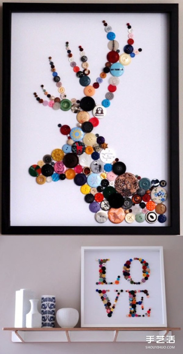 Button collage DIY pictures are decorated with buttons collaged together