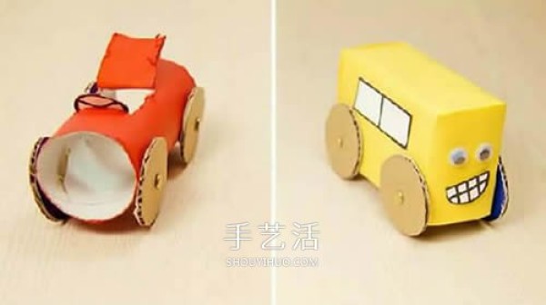 Kindergarten milk carton waste is used to make handmade toy cars