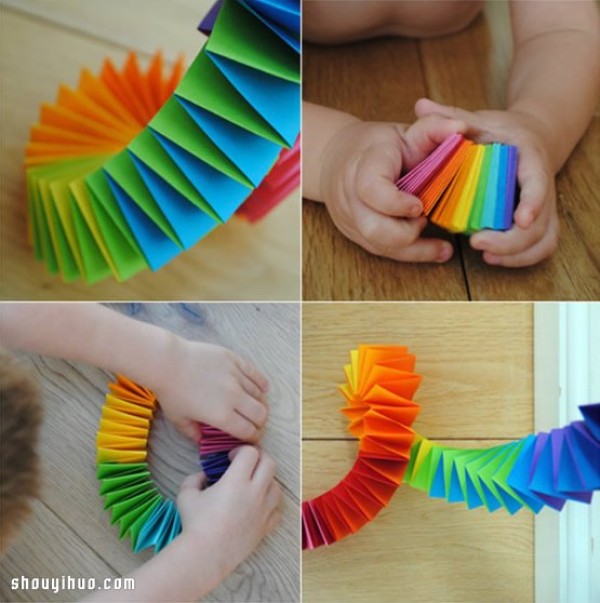 Illustrated tutorial on the folding method of a simple origami rainbow spring for children