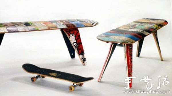 Discarded skateboards DIY to make environmentally friendly seats and bottle openers