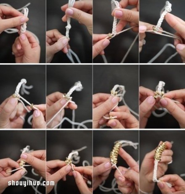 Illustration of how to knit a punk style bracelet using nuts! 