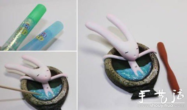 Long-eared rabbit with long-eared bathing made from soft clay handmade