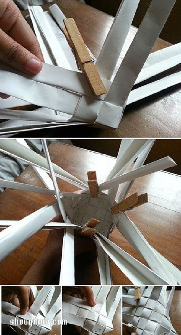 Detailed step-by-step picture of how to make a storage tube/pen holder from paper strips