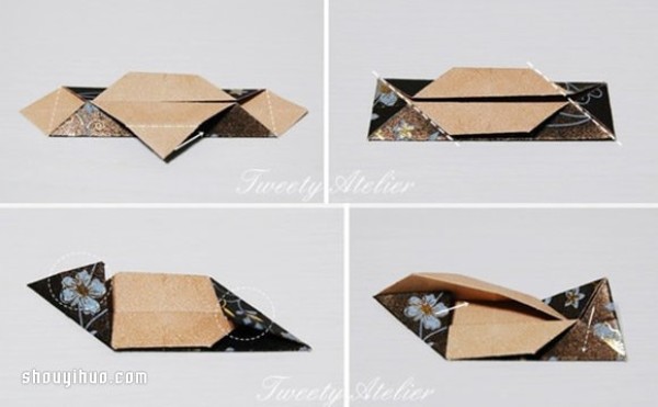 Illustrations of folding origami three-dimensional rhombuses for use as packaging boxes or pendants