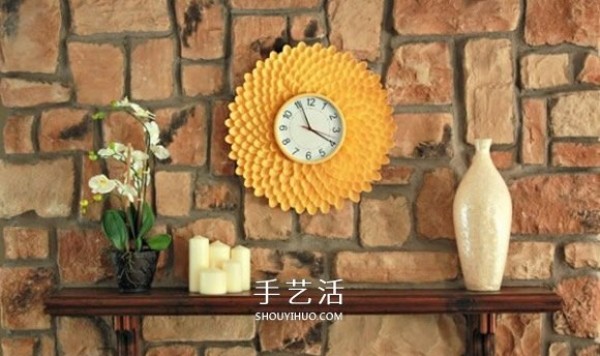 Illustration of hand-made beautiful wild chrysanthemum wall clock with disposable spoon