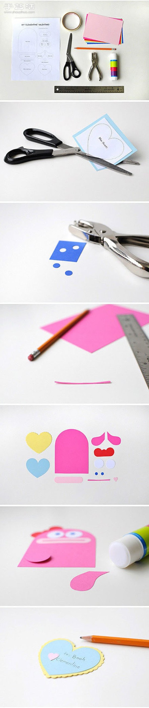 Illustrated tutorial on hand-making cute animal heart-shaped sticky notes by paper-cutting