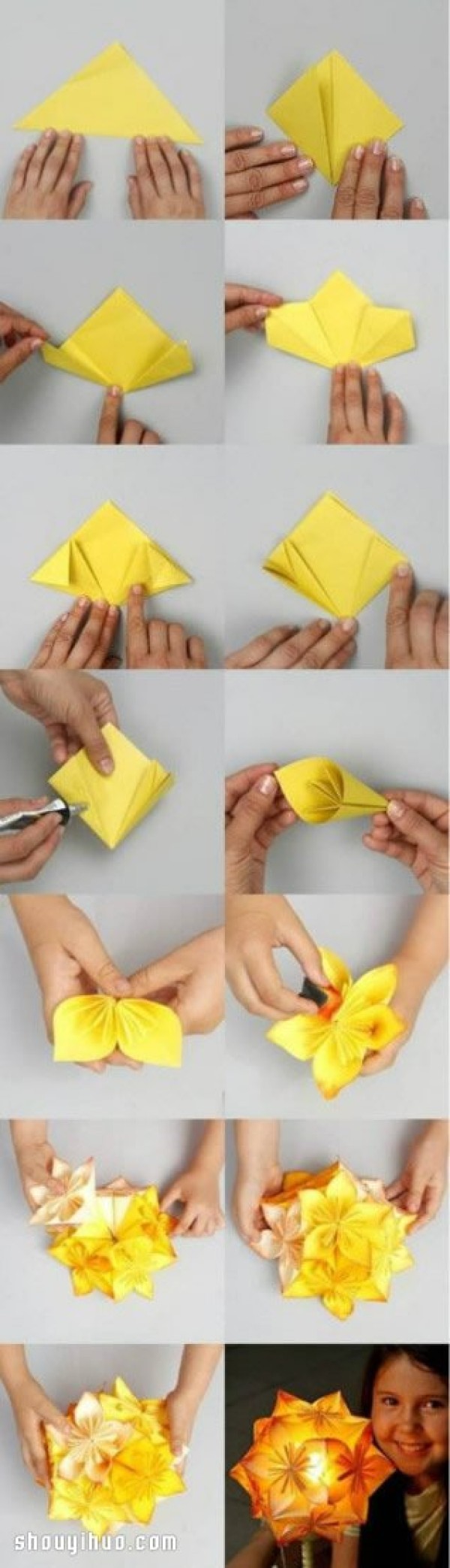 Illustrated tutorial on how to make beautiful origami paper bouquets by hand