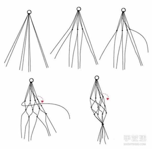 Illustrations of how to weave flower pot hanging bags and hand-woven flower pot lanyards